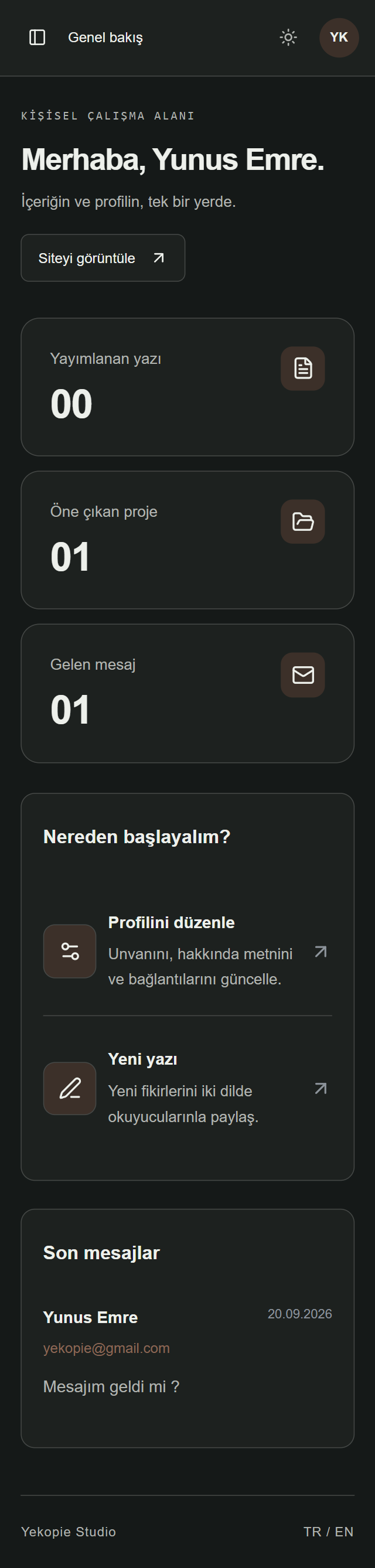 Mobile responsive view of the Yekopie content and site settings administration dashboar