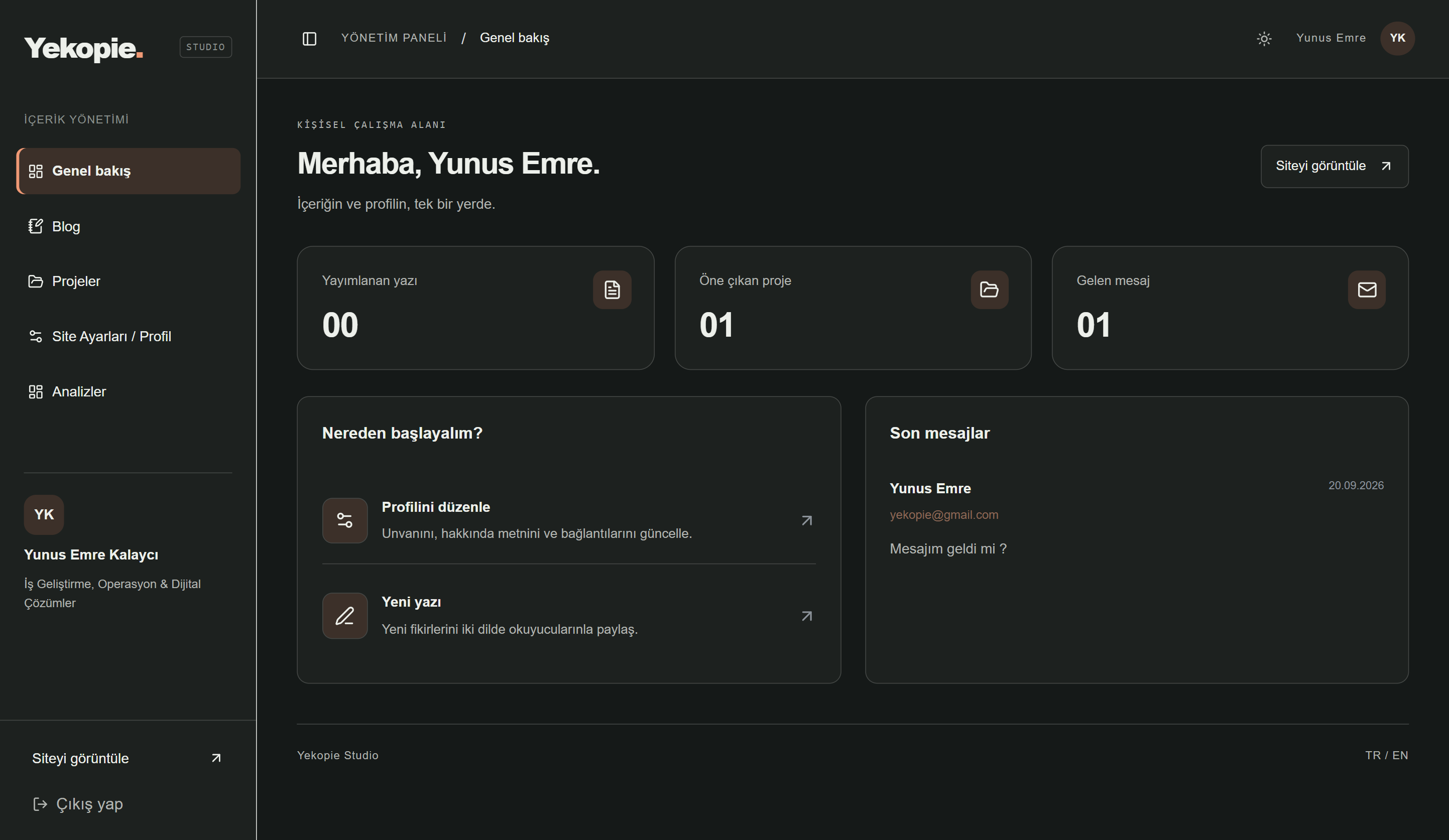 Desktop view of the Yekopie administration dashboard for managing blog posts, projects, profile, and site settings