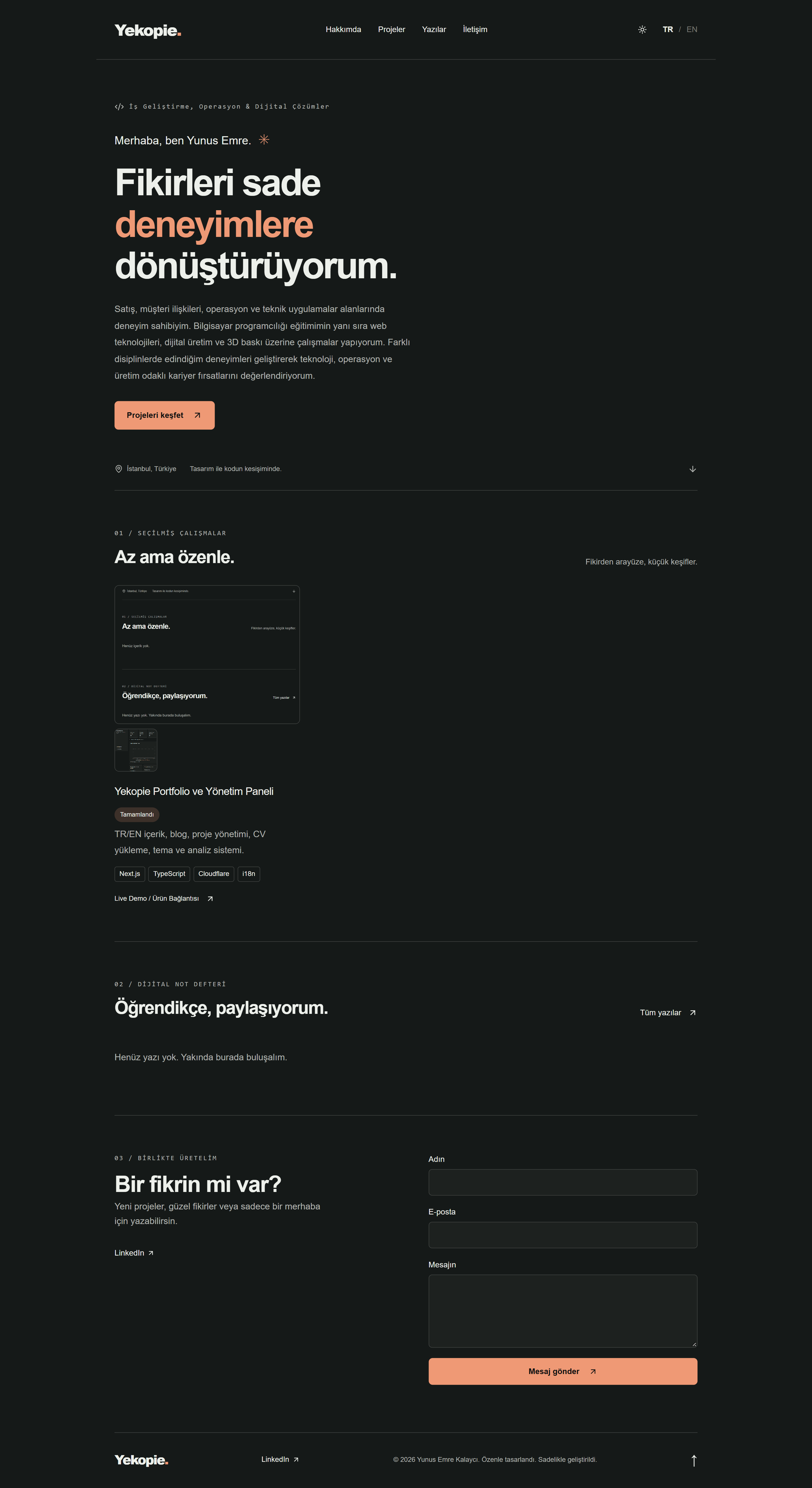 Desktop view of the Yekopie personal portfolio and blog website
